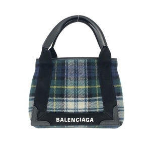 バレンシアガ BALENCIAGA トートバッグ 390346 ネイビーカバ ウール×レザー ダークグリーン×ネイビー×マルチ チェック柄 美品 バッグ