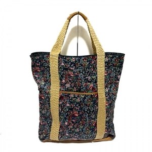  Hugowar Hug O War tote bag - coating canvas × flax × leather dark navy × beige × multi floral print bag 