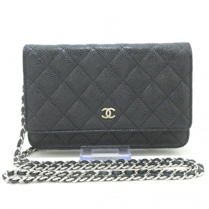 シャネル CHANEL A33814 マトラッセ キャビアスキン 黒 チェーンウォレット/シルバー金具 22番台 美品 財布