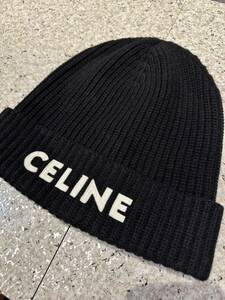 極美品！メンズ館購入！セリーヌ CELINEロゴ エンブロイダリー キャップ 帽子ビーニー beanie ニット帽 ニットキャップ 羊毛100% 黒