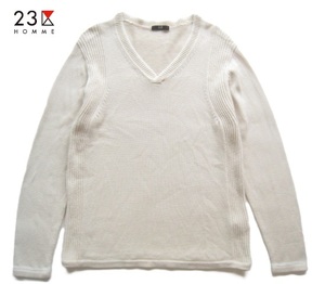 高級!!23区オム 23区HOMME*春夏モデル Vネックコットンニットセーター 46 M サンドベージュ×白 GOLF ゴルフ オンワード樫山