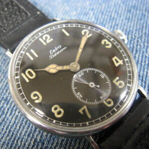 1940年代 Eska エスカ ブラックダイヤル 34.8mm ミリタリー スイス製アンティーク手巻腕時計 稼働希少品 注油済み の画像1