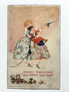 Art hand Auction Antique Postcard Picture Postcard [Mother with Children] Christmas Card & New Year's Card Holly Little Bird 0885E, antique, collection, miscellaneous goods, picture postcard