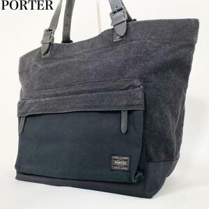 美品 日本製 A4収納可能 ● PORTER ポーター ● トートバッグ メンズ ブラック キャンバス ブリッジ 異素材切替 ビジネス 通勤鞄 レザー