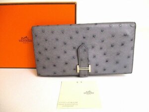 【新品同様】 エルメス HERMES ベアン スフレ オーストリッチ シルバー金具 二つ折り 長財布 メンズ レディース