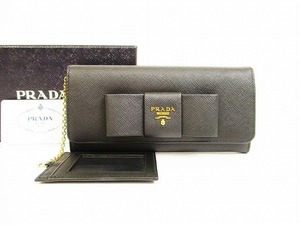 【新古品】プラダ PRADA サフィアーノ レザー リボン 2つ折り長財布 ネロ 黒