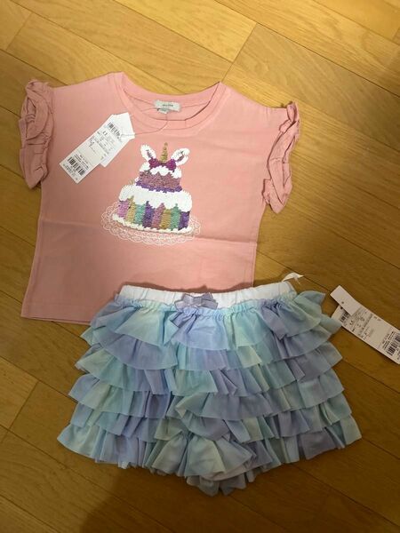 新品　エニィファム　100cm 半袖Tシャツ　キッズ　女の子 ショートパンツ セットアップ キュロットパンツ　スパンコール 