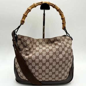 極美品 ●GUCCI グッチ ワンショルダーバッグ ハンドバッグ 肩掛け 斜め掛け バンブー 2way GGキャンバス レザー レディース ブラウン 茶 の画像2