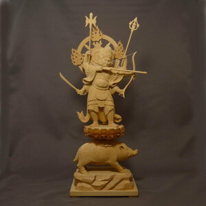 木彫 仏像 摩利支天像 立像 6寸 桧木 手彫り 仏教美術 ヒノキ 【a1-2-8-4】