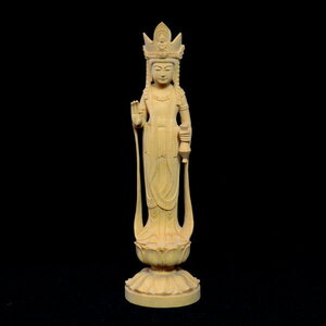 木彫 仏像 聖観音像 立像 柘植 手彫り 仏教美術 黄楊 【a1-2-2-1】