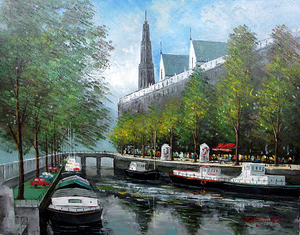 絵画　油彩　中島達幸　アムステルダムの運河　油絵Ｆ６キャンパスのみ　送料無料　受注制作作品
