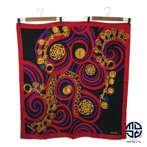 CELINE セリーヌ シルク 赤系 レッド系 紫 パープル 黒 ゴールド スカーフ アパレル 小物 ※ポスト投稿でのご発送になります。