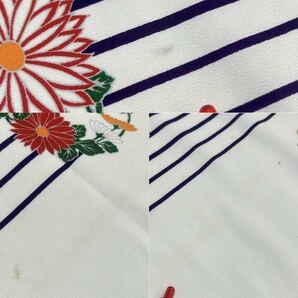 ●きもの翠● 逸品 琉球紅型調 縞に花丸 ちりめん 季節の花々 梅 菊 ぼたん 白地 開き名古屋帯 和装 和服 着物 正絹 #X036の画像10