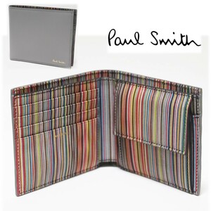 《Paul Smith ポールスミス》箱付新品 イタリア製 マルチストライプ レザー2つ折り財布 ウォレット プレゼントにも A9679