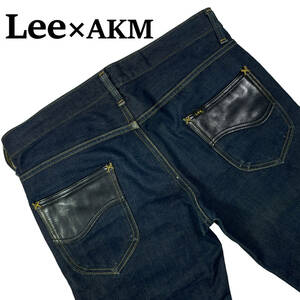 LEE × AKM 95719 サイズM (約85cm W33相当) ブーツカット 切替 革 ポケット メンズ デニムパンツ ジーンズ