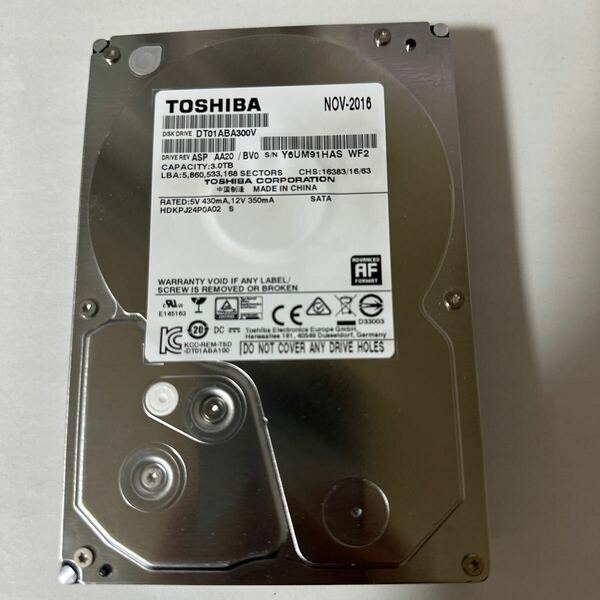 Z16:（動作保証/AVコマンド対応/使用0時間）SATA 3.5インチHDD 3TB 3000GB TOSHIBA DT01ABA300V