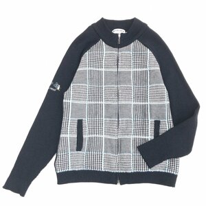 ●MUNSINGWEAR マンシングウェア ウール100% 防風裏地付 ニット ゴルフジャケット L ネイビー系 日本製 カーディガン 羽織り セーター