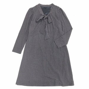 ●TALBOTS タルボット ハウンドトゥース ストレッチ ボウタイ ニット ワンピース L ダークブラウン系 長袖 ミディ丈 国内正規品 レディース