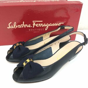 ●伊製 Salvatore Ferragamo フェラガモ ヴァラリボン 仔牛革 カーフレザー ミュール 6C(約23.5cm) 紺 ネイビー サンダル パンプス 女性用