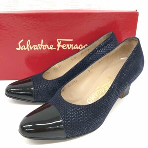 ●伊製 Salvatore Ferragamo サルバトーレフェラガモ 本革 スエード パテント コンビ レザーパンプス 5.5B(約23cm) 紺×黒 ハイヒール 婦人