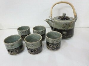 相馬本家 湯呑 二重湯呑 5客 急須セット 福島伝統工芸品 青ひび 走り駒 二重焼 相馬焼 食器 ※急須の蓋に割れ欠けあり /中古品 V17.1