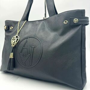 1円〜 ARMANI JEANS アルマーニジーンズ メンズ トートバッグ 肩掛け A4 大容量 ビジネス デカロゴ 裏地総柄 レザー ブラック 黒