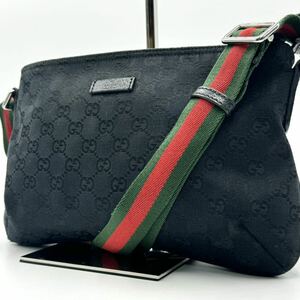 1円〜【極美品】GUCCI グッチ GGキャンバス シェリーライン ショルダーバッグ 斜め掛け サコッシュ ブラック 黒 189749 メンズ レディース