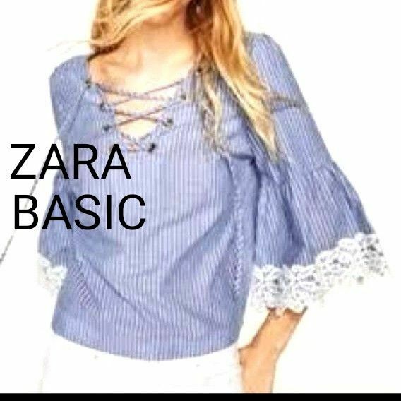 【ZARA BASIC☆ザラベイシック】ストライプ柄　ブラウス　プルオーバー　水色＆白　　S（USA）サイズ　レース　リボン