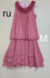 【ru☆アールユー】お呼ばれドレス　リボン付　ピンク　フレア　ナイトドレス　 パーティードレス　M　9号