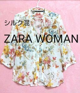 【ZARAWOMAN☆ザラウーマン】シルク（絹）混　フラワー柄　 スキッパーシャツ ブラウス　Sサイズ（USA） シアー　総柄