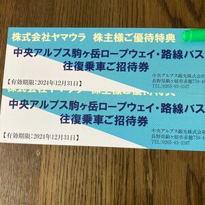 即決！匿名発送ヤマウラ 株主優待券 中央アルプス駒ケ岳ロープウェイ・路線バス往復乗車ご招待券2枚セット