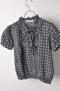 wqw2337 *OLIVEdesOLIVE* navy blue + green group check pattern short sleeves blouse 