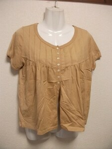 assk3-1214* Nice Claup short sleeves cut and sewn front opening tops ound-necked tuck plain beige cotton 100%