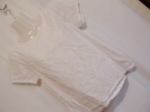 ssyy409 NUSY 半袖 カットソー Tシャツ ホワイト ■ 花 刺繍 ■ 異素材 可愛い 袖透け感 フェミニン Lサイズ