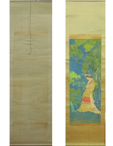 華邦 唐美人 掛け軸 掛軸 美人画 絹に彩色 Hanging scroll 中古 レトロ 骨董, 絵画, 水彩, 人物画