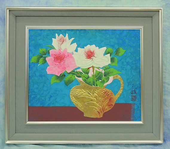 Vase Misuzu Kodama Peinture japonaise n°8 Coloré sur papier collé sur carton Encadré Sceau commun Peintre japonais d'occasion de la préfecture de Nagano Rose perdue, peinture, aquarelle, peinture nature morte