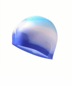 【プールに映える！】スイムキャップ花柄《レインボー》swimming cap　柔らかシリコン素材　ブルー