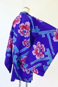 【着物フィ】アンティーク 銘仙 長羽織 身丈87cm 青紫色 レトロ 大正モダン 仕立て上がり 正絹 kimono 15662