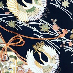 【送料無料】黒留袖 袋帯 帯揚げ 帯締め 末広 ５点セット 金駒刺繍 飛び鶴 紐 身丈155.5cm 裄丈63cm 比翼仕立て 正絹 結婚式 m-5728の画像5