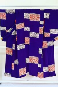 【着物フィ】アンティーク 小紋 身丈143cm 青紫 ビビット 大正ロマン レトロ　正絹　仕立て上がり　kimono 袷 157235