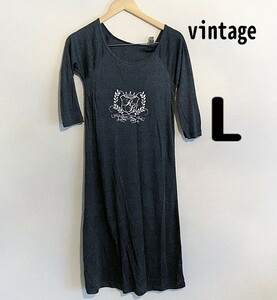 vintage ヴィンテージ L ロングTシャツ シャツワンピース 灰色 ラグランスリーブ プリント 半袖 春夏 薄手 グレー ひざ丈 ラフカジュアル