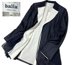 未使用品 高級 イタリア製 baila バイラ 薄手 ウール シルク ジャケット 透け 羽織 ブラック ホワイト 黒 白 大きいサイズ 48 レディース 