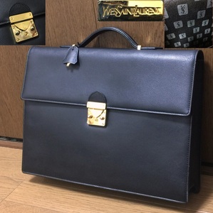 高級 YSL YVES SAINT LAURENT イブサンローラン 上質 牛革 レザー ブリーフケース ビジネスバッグ 書類鞄 鍵付き メンズ 黒 ブラック