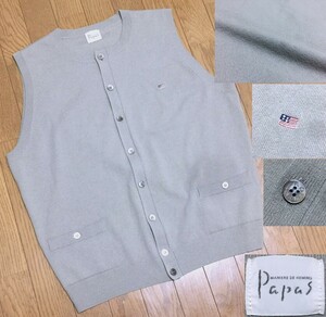 Papas パパス 日本製 星条旗刺繍 シェルボタン ウールニット ベスト メンズ L グレー系 