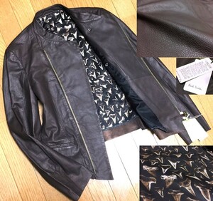 未使用 定価10万 Paul Smith ポールスミス 2012AW シャークトゥース 鮫歯総柄 極上 羊革 ラムレザー ライダース ジャケット M 茶 ブラウン