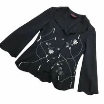 S190 日本製 YUKI TORII ユキトリヰ ユキトリイ ジャケット 上着 羽織り 刺繍 トップス ニット 毛 ウール レディース 38 ブラック 黒_画像6