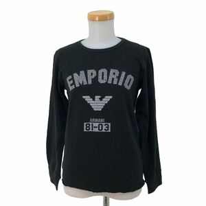 NB209 イタリア製 EMPORIO ARMANI エンポリオアルマーニ ロンT 長袖 Tシャツ クルーネック トップス ロゴ デザイン ブラック レディース L