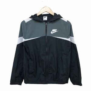 B374 NIKE ナイキ ウインドブレーカー ジップアップ フード ジャケット 薄手 アウター 上着 羽織り 長袖 ブラック系 レディース L