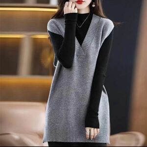  new goods / knitted the best knitted sweater V neck long height knitted tops sleeveless stylish pretty lady's choki/ gray 