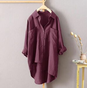 春秋 上品 ナチュラル ゆったり 素敵な 簡素 無地 大きいサイズ 長袖 シャツ チュニック / バラ色